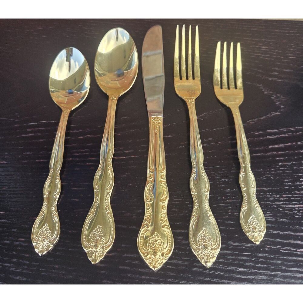 International China Gold Tone Flatware 12 Place Setting Set Chest Serving Pieces